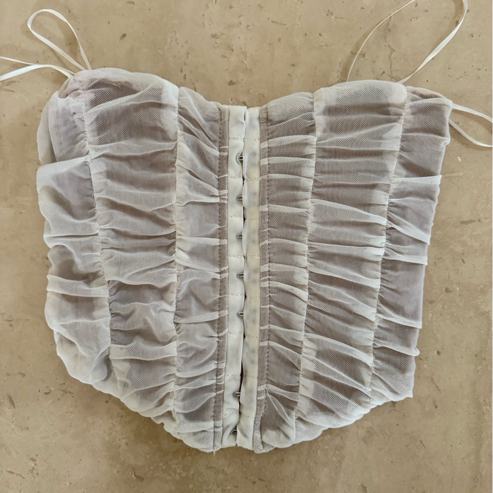 Bobbles & Lace White Ruched Bustier Top Small